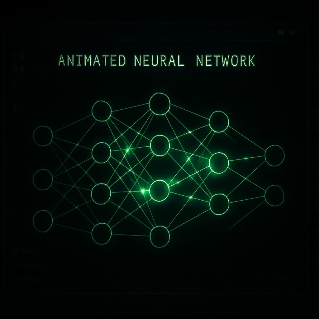 An animated neural network graphic with glowing green connections between nodes and the text "Animated Neural Network" at ...
