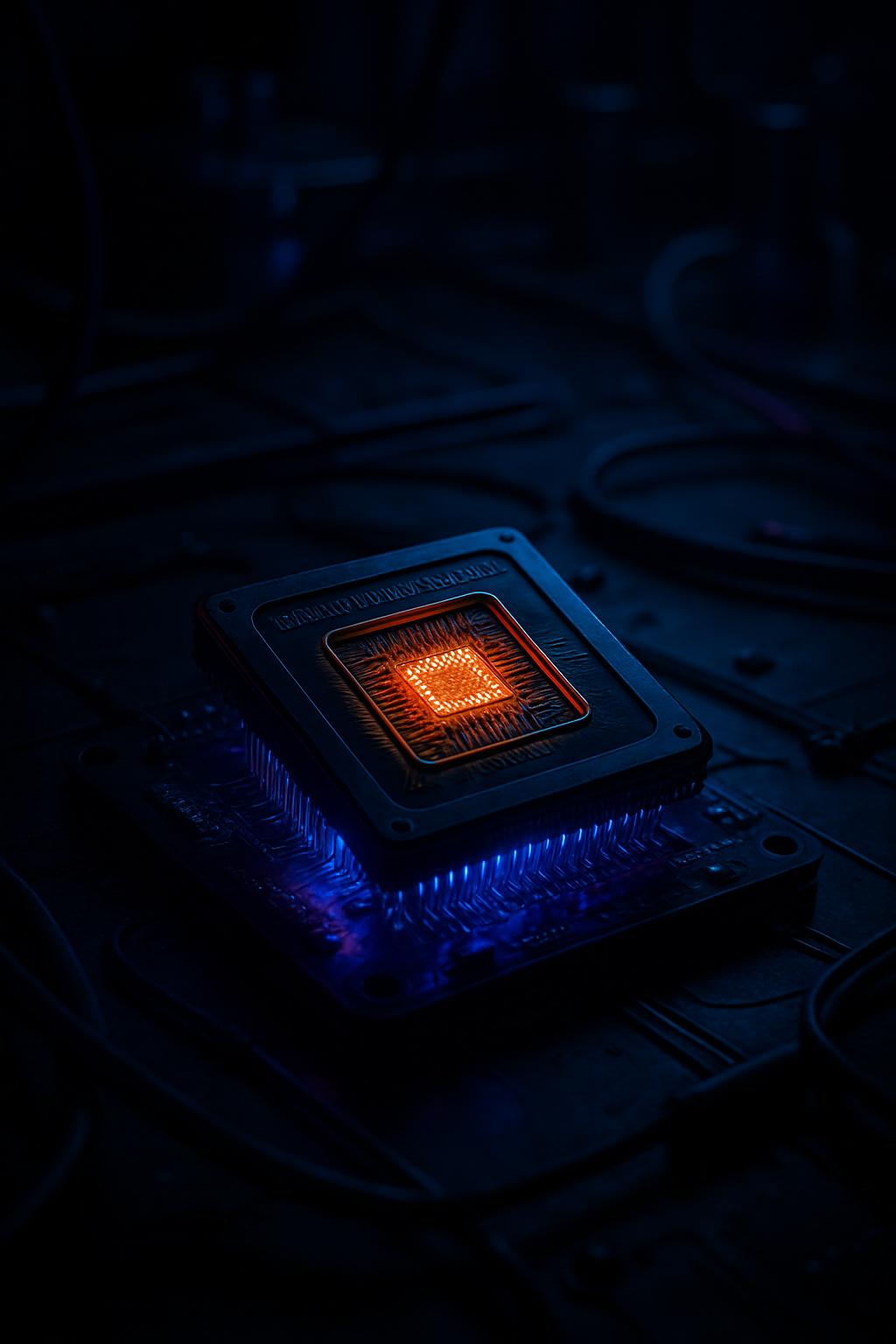 The image depicts a square, black microprocessor with an orange, square shape on its face, illuminated by blue light emana...