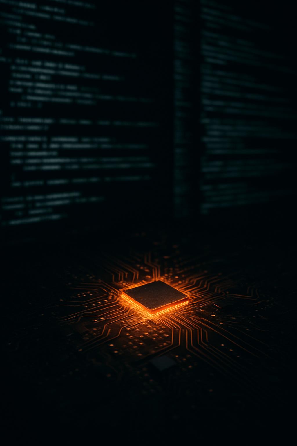 A dark, high-tech image of a glowing computer chip with circuitry in the background, set against a backdrop of faint compu...