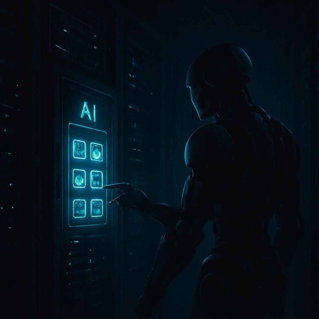 A robotic figure stands in front of a glowing AI panel with multiple buttons, set against a dimly lit dark background.