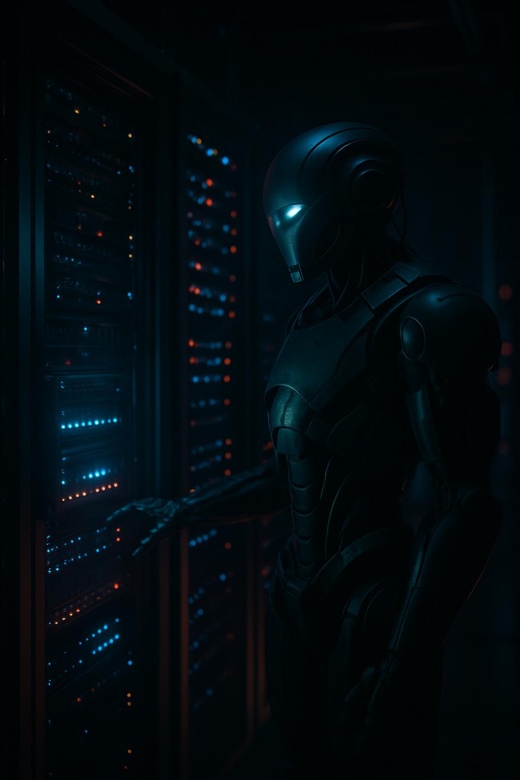 A cybercrime robot in a dark, dimly lit server room, working alone.