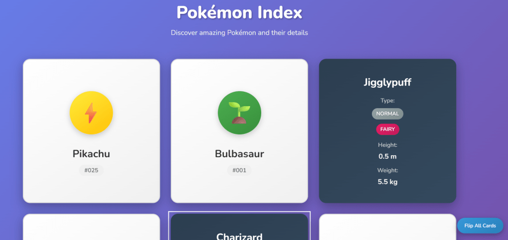 A colorful Pokémon index webpage featuring cards for Pikachu, Bulbasaur, Jigglypuff, and Charizard, with detailed info displayed on select cards.