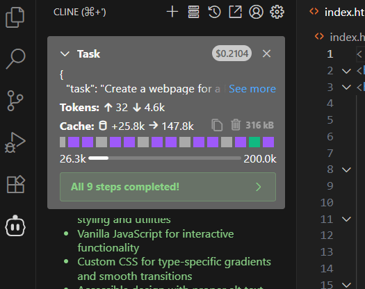 A screenshot of a code editor displaying a task panel for creating a webpage, showing token usage, cache information, and an 'All 9 steps completed' message.