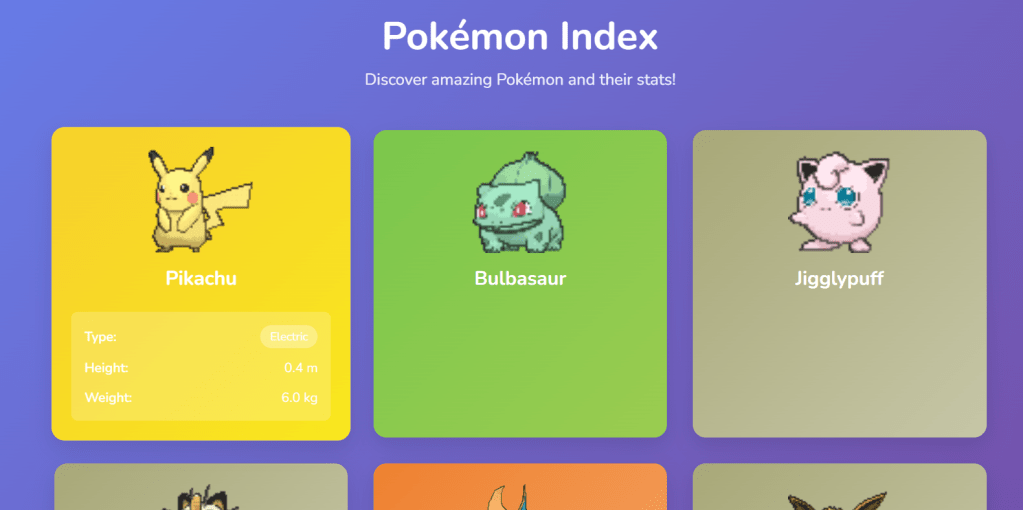 Responsive webpage showcasing a Pokémon index with cards for Pikachu, Bulbasaur, and Jigglypuff, displaying each Pokémon's type, height, and weight.