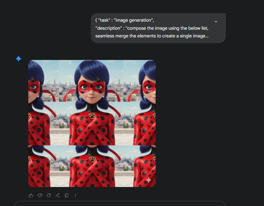 A digital composite image featuring a character inspired by a popular cartoon. The character has blue hair and wears a red costume adorned with black polka dots, along with a matching mask. The image is divided into a 3x3 grid, displaying multiple iterations of the character's pose, with arms crossed and a keyring visible.