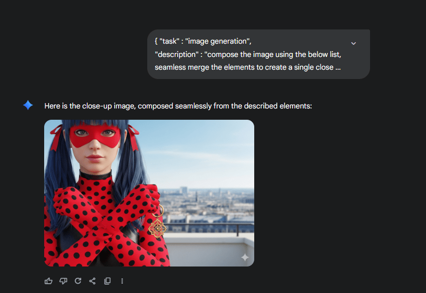 A close-up image of a character with blue hair, wearing a red mask and polka-dotted costume, holding a golden keyring. The background features a city skyline.