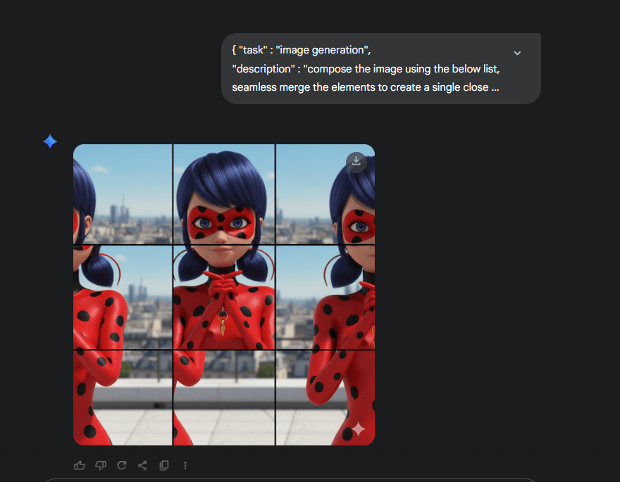 Image showing a grid of nine squares featuring a young woman in a red costume with black polka dots and a mask, holding a golden keyring. The background portrays a cityscape, emphasizing various expressions and angles of the character.