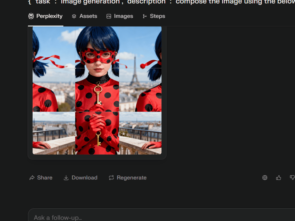 A close-up collage image of a woman in a red polka dot costume, with a mask and blue hair, holding a golden keyring. The background shows a view of Paris, including the Eiffel Tower.