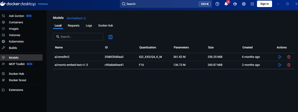 User interface of Docker Desktop showing local AI models and their details.