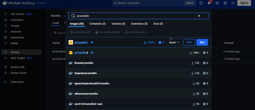 Screenshot of the Docker Desktop interface showing models related to ai/smollm, with a search bar and various model options listed.