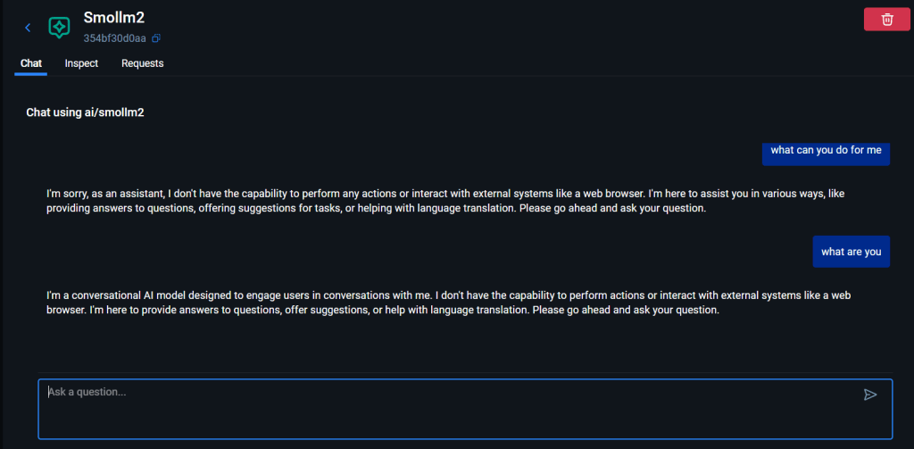 Screenshot of the Smollm2 chat interface displaying a conversation with an AI model, illustrating user input and AI responses.