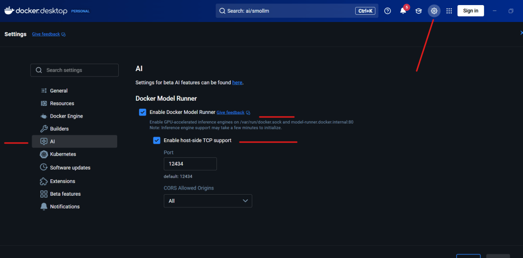 Settings menu in Docker Desktop showing AI features and options for enabling the Docker Model Runner and TCP support.