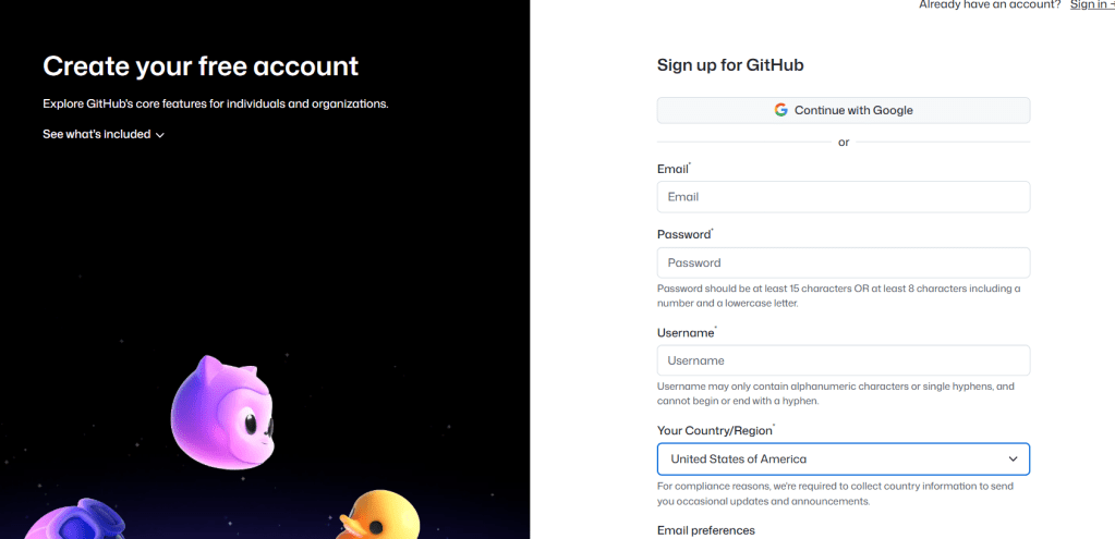 A screenshot of the GitHub sign-up page, displaying fields for creating a free account including email, password, username, and country/region selection.