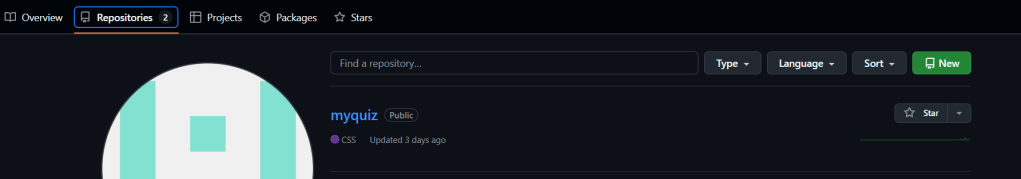 Screenshot of GitHub showing the 'Repositories' section, with a highlighted button for creating a new repository titled 'myquiz'.