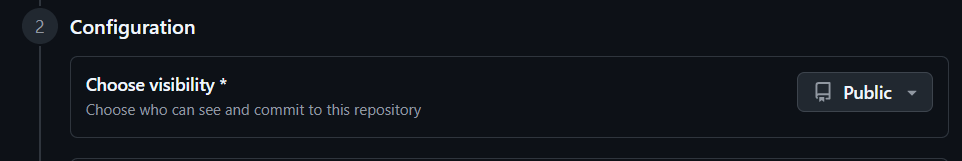 GitHub repository configuration screen showing the option to choose visibility with 'Public' selected.