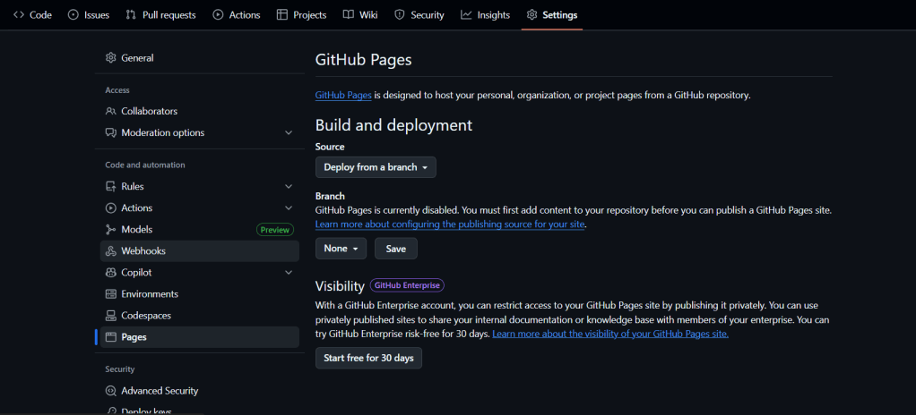 Settings panel for GitHub Pages with options for source, branch selection, and visibility settings.