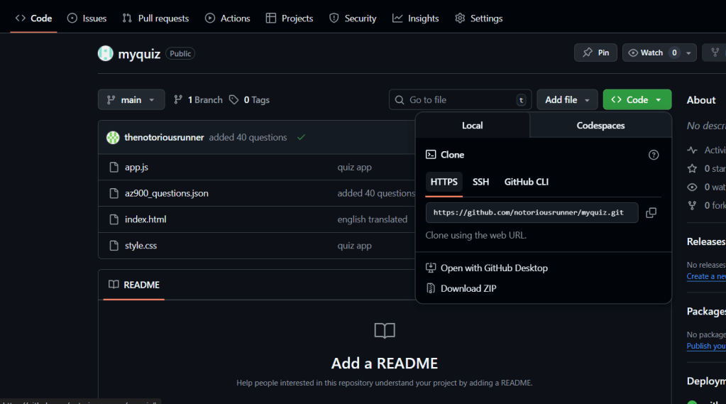 GitHub repository view showing files for a quiz application including app.js, az900_questions.json, index.html, and style.css, with options to clone the repository.