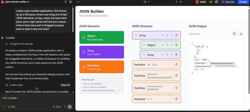 Screenshot of a JSON builder application interface showing draggable elements for JSON structure, including arrays and key-value pairs.