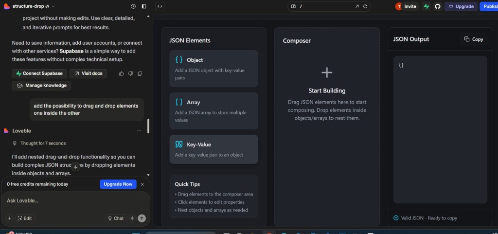 A web application interface for composing JSON with drag-and-drop functionality, featuring sections for JSON elements, a composer area, and an output display.