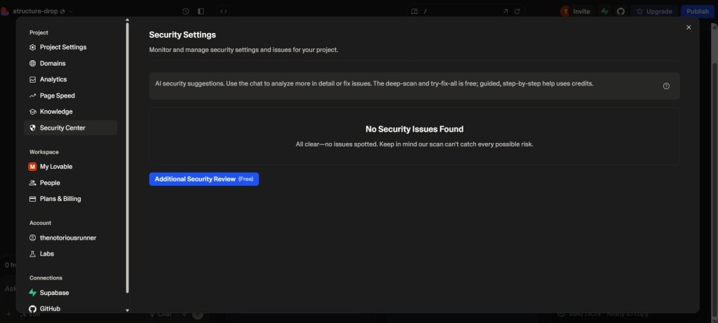 A screenshot of the security settings for a project, displaying a message indicating that no security issues were found, along with various project settings options on the left sidebar.