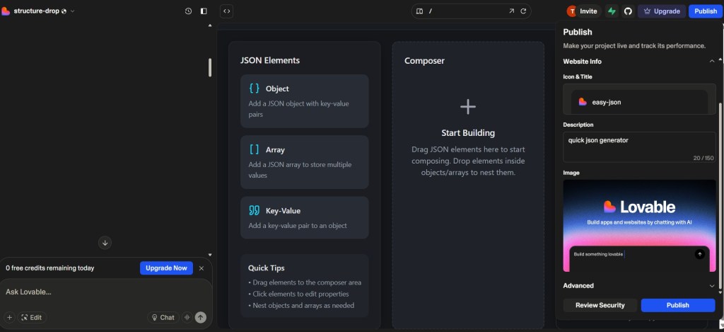 A user interface displaying a 'structure-drop' web app for composing JSON with drag and drop functionality. On the left side, a chat area with an 'Ask Lovable' prompt. The center features the main composer area with instructions to start building JSON elements. The right side shows 'JSON Elements' options and a 'Publish' section.