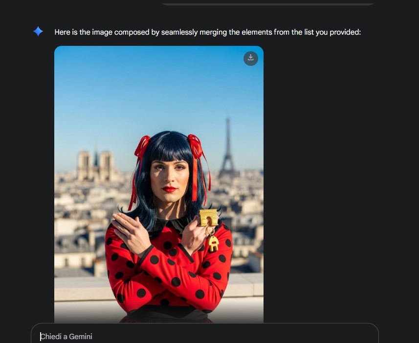 A woman with black hair and red polka dot costume poses in front of the Eiffel Tower, holding a golden keyring.