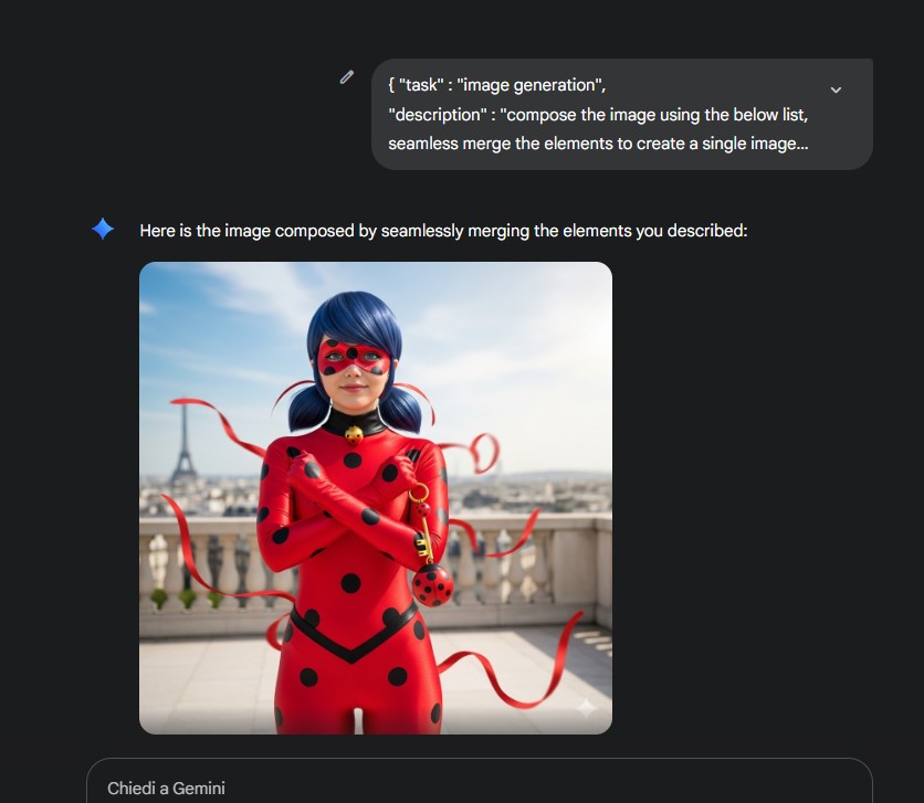 A character in a red costume with black polka dots stands in front of a cityscape, with the Eiffel Tower visible in the background. The character has blue hair, wears a mask, and holds a golden keyring, with red ribbons flowing around.