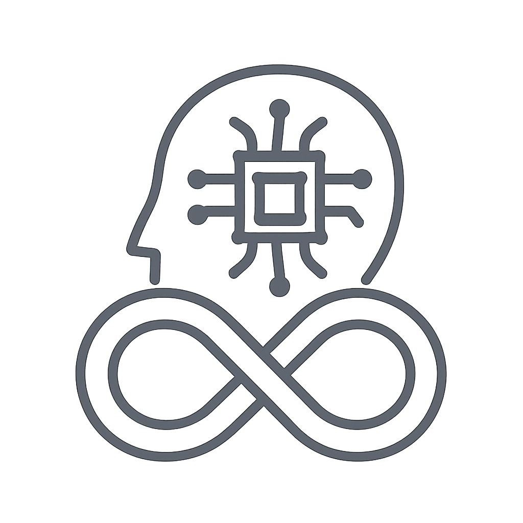 The human head with a microchip integrated into it, overlaid with a symbol of infinity arms.