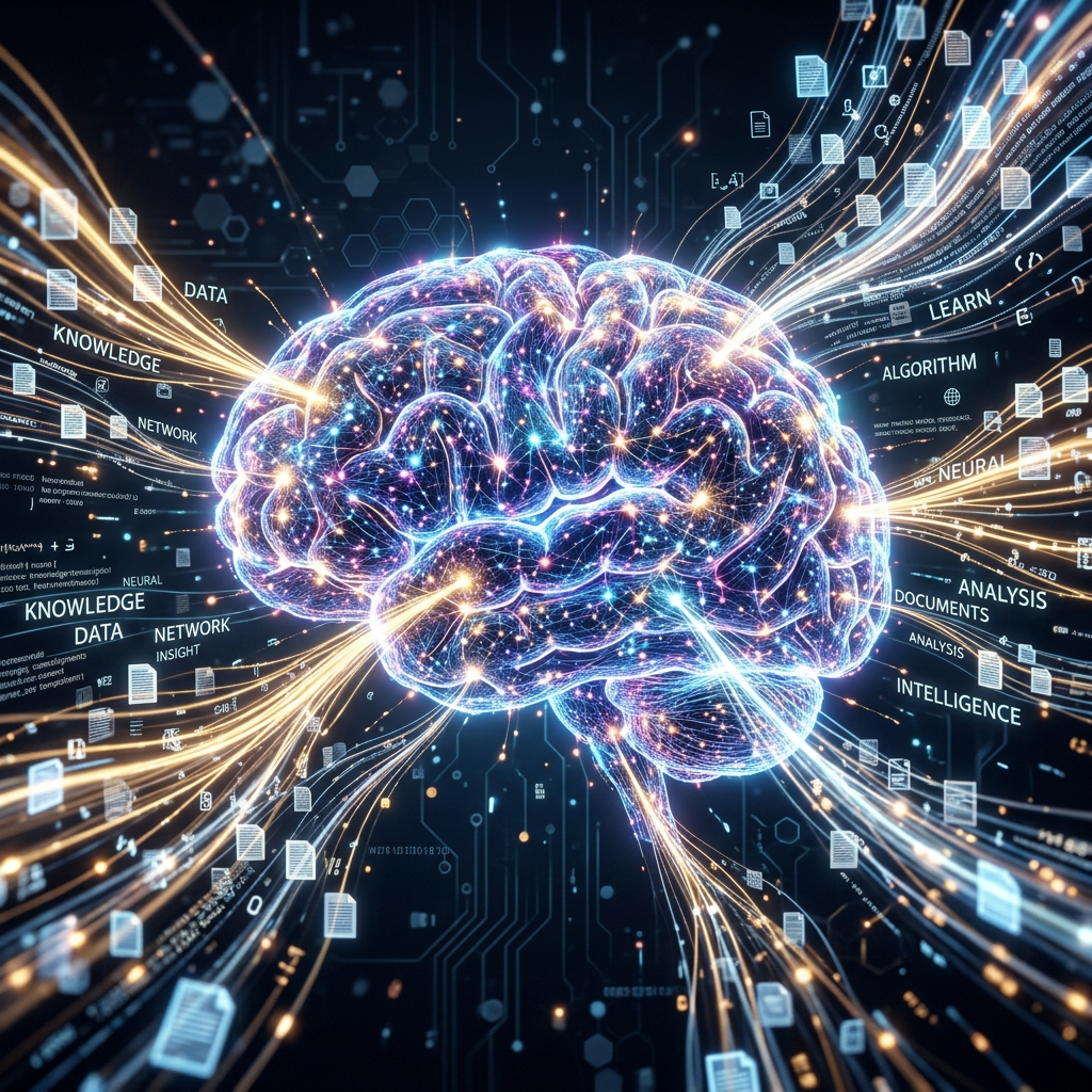 Glowing digital brain with data, knowledge, and algorithm streams