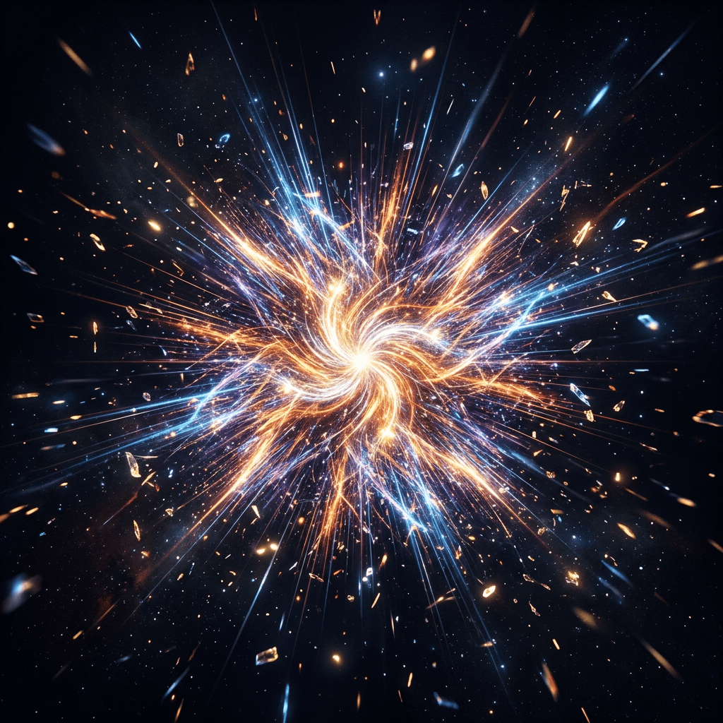 Spiral-shaped cosmic explosion with radiating orange and blue light streaks