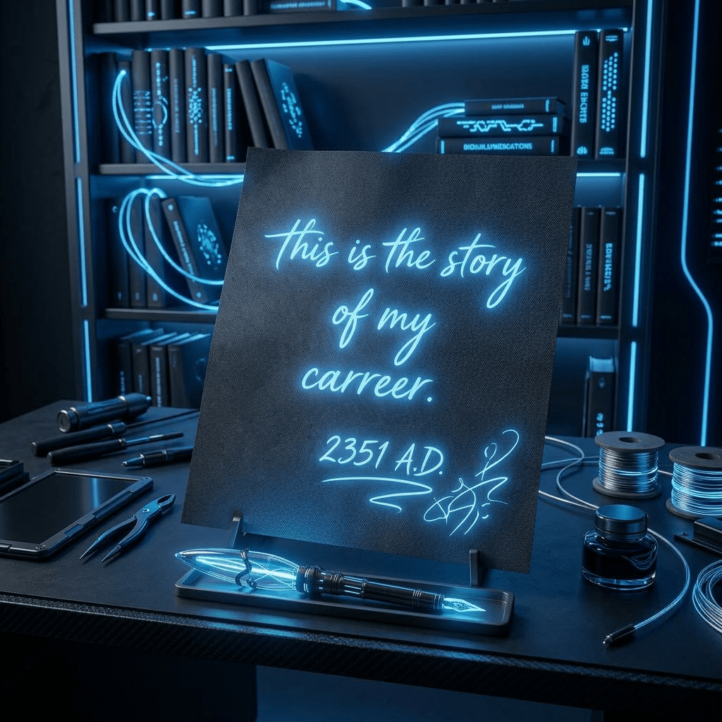 Hand holding glowing pen writing bioluminescence message on paper in cyberpunk city