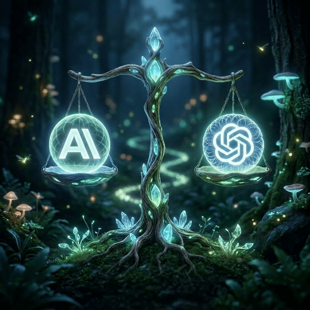 Bioluminescent balance scale with OpenAI logo and AI symbol glowing