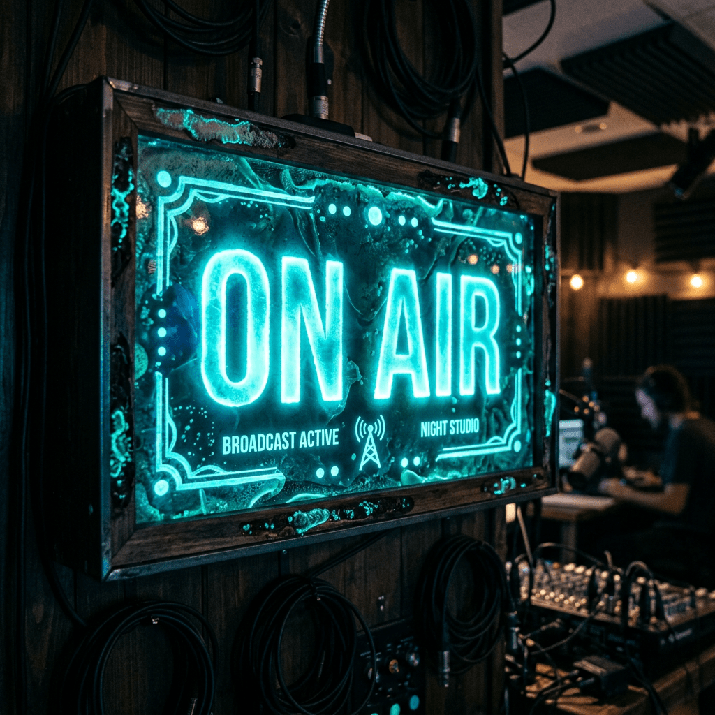 Glowing 'ON AIR' sign in a radio studio with audio equipment and a person working in the background