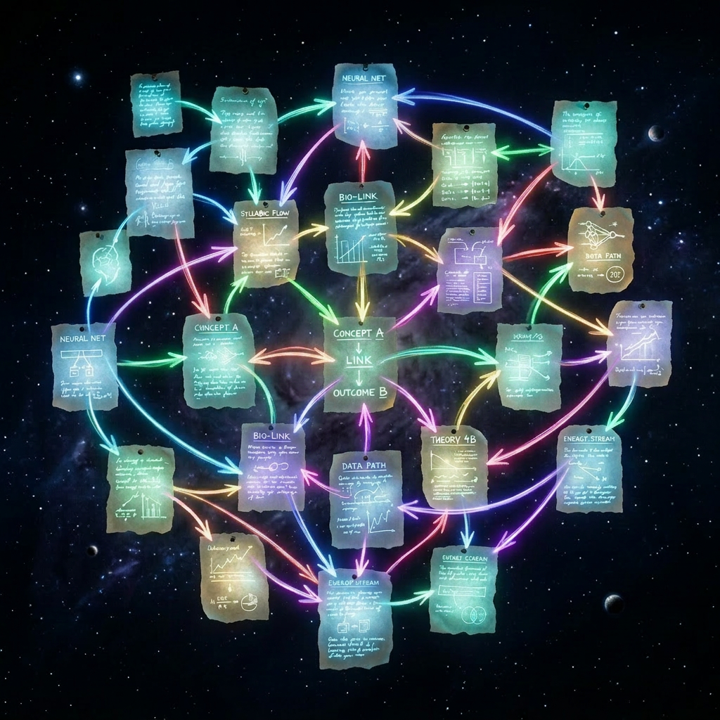 Illuminated flowchart showing scientific concepts connected by arrows on parchment