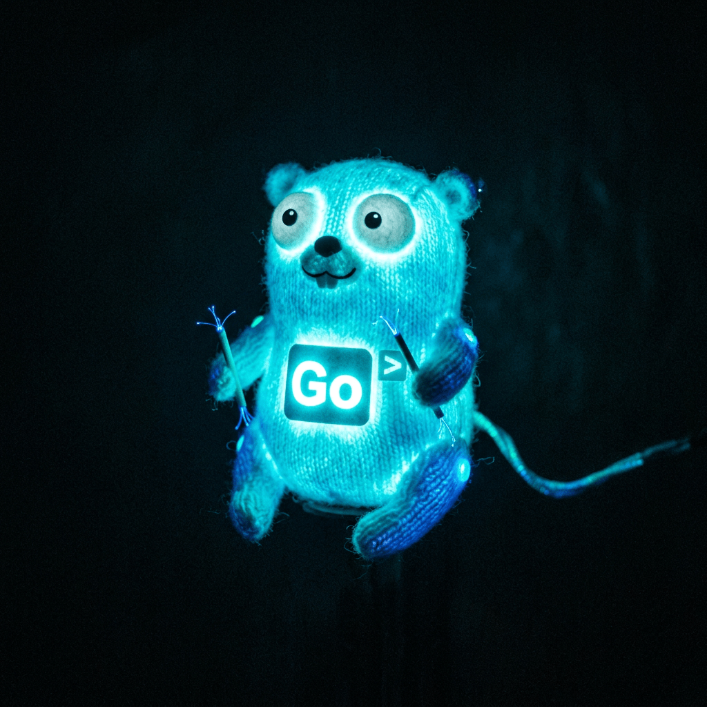 Glowing blue Go programming language mascot holding fiber optic cables