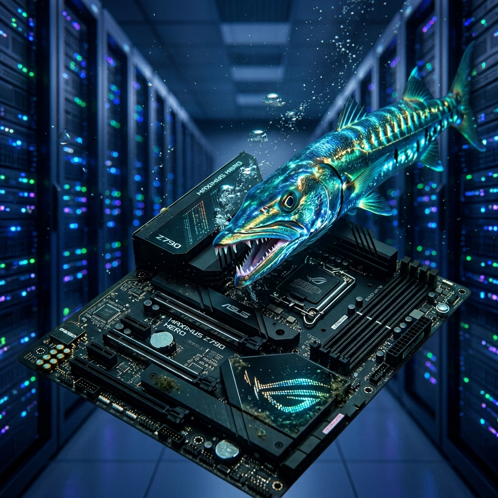 A barracuda fish with open mouth swimming above an ASUS Maximus Z790 Hero motherboard underwater.